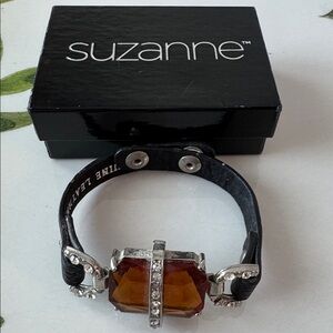 Suzanne Somers Black Leather Bracelet with Amber Gem